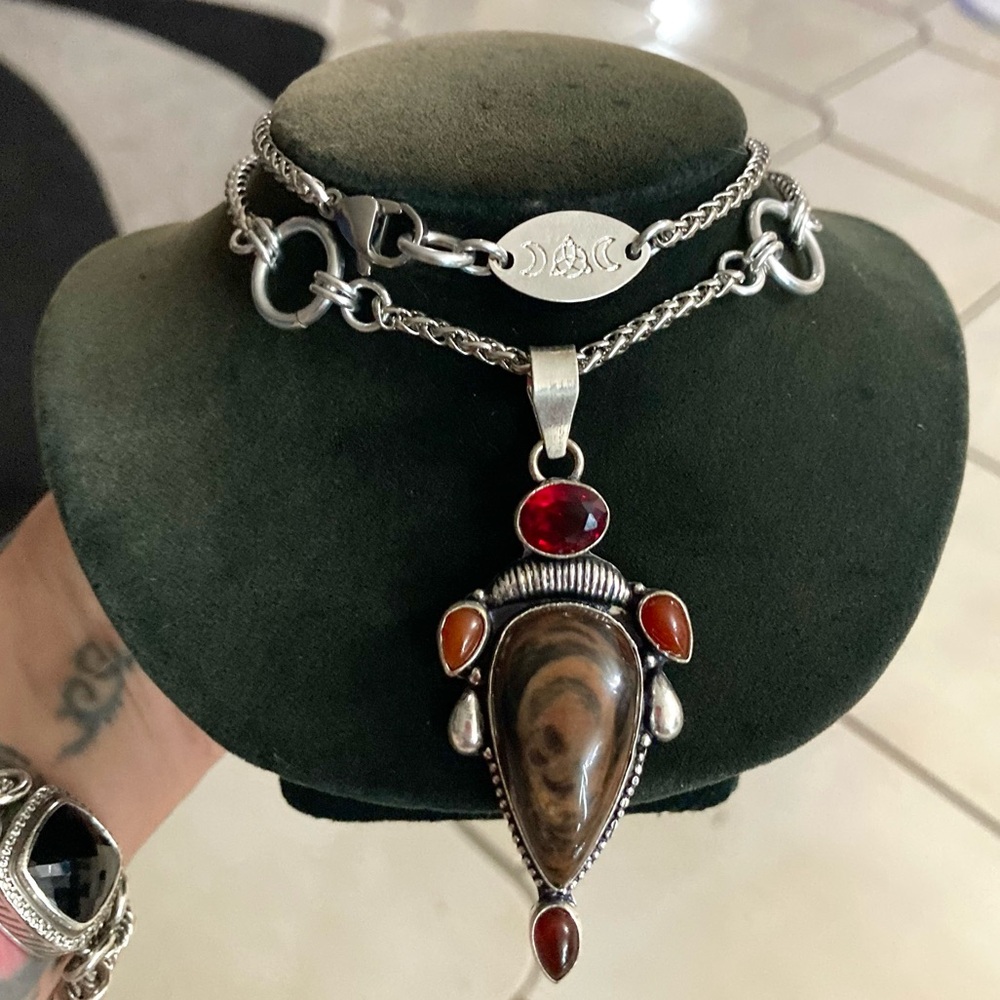 Genuine brown agate garnet and carnelian gemstones boho charm silver necklace